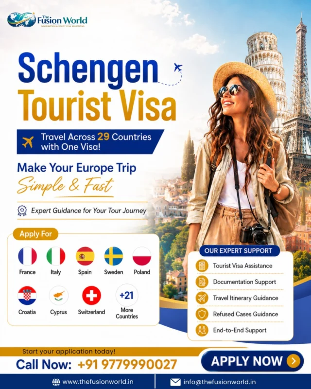 Dreaming of exploring Europe? 🌍✈️
Travel across 29 Schengen countries with one visa and get complete support for documentation, itinerary, refused cases, and visa applications. 

Let our experts help make your Europe trip smooth and stress-free.
📞 Call: +91 9779990027

#SchengenVisa #EuropeTravel #TouristVisa #StudyAbroad #FusionWorld