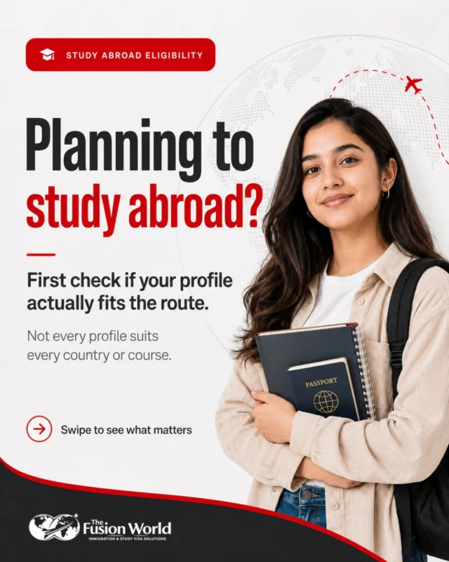 Planning to study abroad? 🎓🌍 Your destination is important—but your profile matters too! Check your qualification, marks, study gap, language score & finances before choosing your route. Get a profile-based eligibility assessment with Fusion World.

#StudyAbroad #StudentVisa #StudyOverseas #StudyAbroadIndia #VisaGuidance