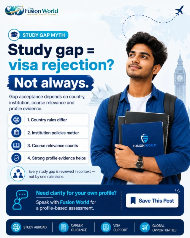 Study gap hai? Iska matlab visa rejection zaroori nahi! 🎓✈️

Country rules, institution policies, course relevance aur overall profile matter karte hain. Your study gap should be assessed in context. 

Get profile-based guidance before applying.

#StudyAbroad #StudyGap #VisaGuidance #StudyVisa