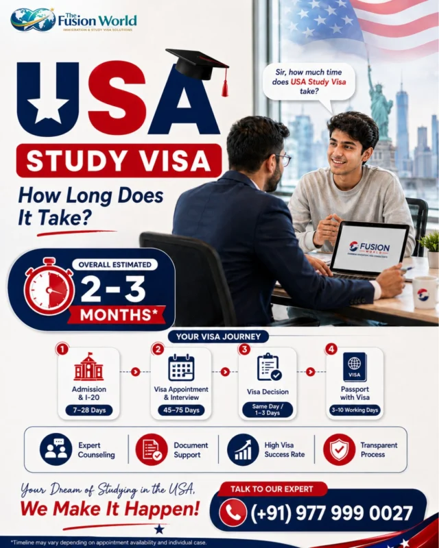 🇺🇸 Planning to study in the USA? 🎓 The visa journey may take around 2–3 months overall, depending on appointment availability and your individual case. 

Get guidance on admission, visa appointment, interview, documentation and visa decision.
📞 Call Now: (+91) 977 999 0027

[ USA Study Visa, USA Student Visa, USA Study Visa Assistance, USA Visa Process]

 #USAStudyVisa #USStudentVisa #StudyInUSA #VisaAssistance