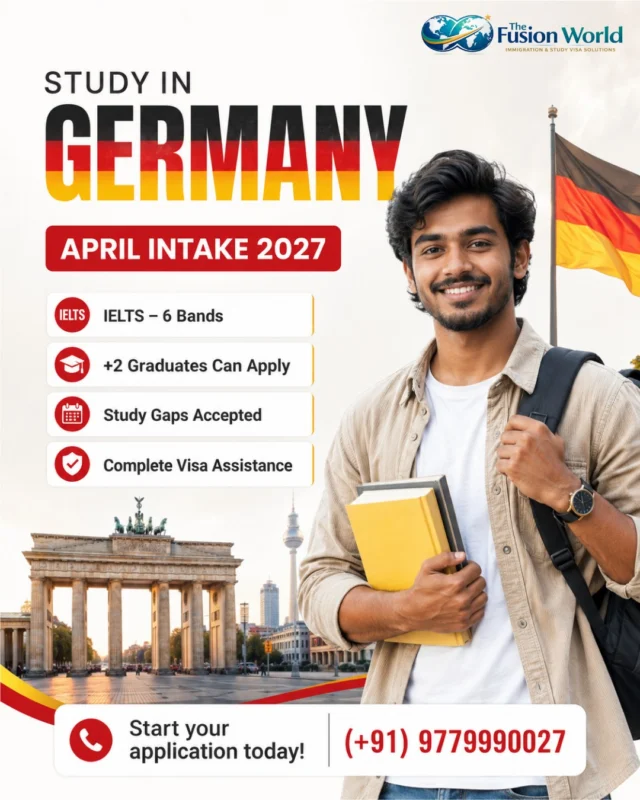 🎓 Planning to study abroad in Germany? Your journey can start now! ✈️

With IELTS 6 Bands, +2 graduates can apply, study gaps accepted, and complete visa assistance, Germany could be your next step toward quality international education.

📚 Start preparing early for the April 2027 Intake and get guidance with your application and visa process.

Your German education journey starts with the right guidance. 🇩🇪✨
📞 Call Fusion World Visa Consultancy: +91 977 999 0027

#studyingermany #germanystudentvisa #studyabroad #aprilintake2027 #germanyfromindia

[study in germany, germany study visa, germany student visa, april intake 2027, study abroad, germany education, overseas education, germany visa consultant, study in germany from india, student visa germany]